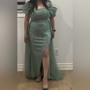 Stunning mint green full-length gown, sequins special design, worn once.